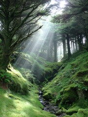 Obraz premium Sunbeams filtering through canopy in lush green forest, low angle view, nature scene, tranquility, Oregon