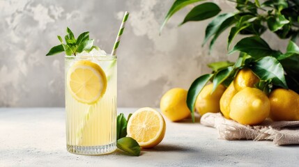 Refreshing Citrus Lemonade with Fresh Lemons and Green Leaves on a Rustic Background
