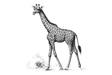 Vintage Giraffe Sketch, Monochrome Wildlife Drawing, Hand-drawn Jungle Animal, Etching Style Illustration, Trendy Safari Wall Art, Black and White Engraving