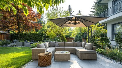 spacious patio area with a modern outdoor couch set, matching side tables, and a large parasol offering shade in the afternoon sun.