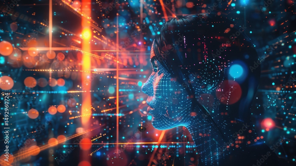 Poster abstract of digital shape or line and technological cyber style particle design connect in surreal e