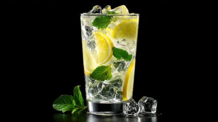 Refreshing Lemonade Drink with Mint and Ice Garnish in a Glass against Black Background