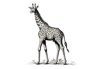 Naklejka premium Hand-drawn Giraffe in Jungle, Monochrome Vintage Sketch, Safari Wildlife Illustration, Black Etching Style, Trendy Animal Decor, Old Engraving Art
