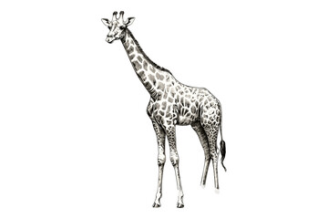 Naklejka premium Giraffe Walking Engraving, Vintage Animal Illustration, Hand-drawn Safari Wildlife, Monochrome Jungle Decor Art, Black Sketch, Etching Style, Animal Prints