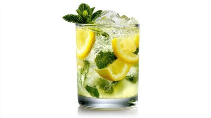 Fototapeta premium Refreshing Lemon Mint Drink with Ice Cubes and Fresh Ingredients in a Clear Glass