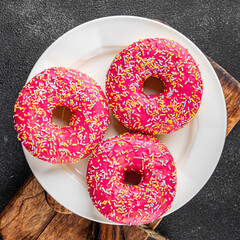 Donut sweet dessert fast food snack fresh delicious gourmet food background on the table rustic food top view copy space
