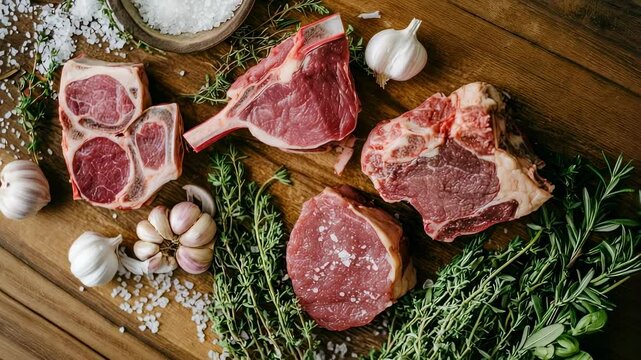 Variety of raw beef cuts seasoned with coarse salt, garlic and thyme, arranged on a wooden board