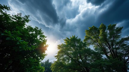 Obraz premium Dramatic Sky Above Trees with Sunlight Breaking Through Storm Clouds