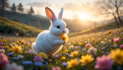 Bunny marvels at flower in meadow
