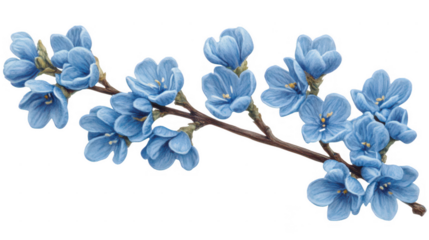 Beautiful blue flowers on a branch in PNG transparent background isolated