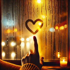 Heart Drawn on Rainy Window