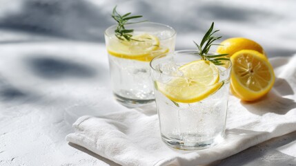 Fototapeta premium Refreshing Lemonade Drinks with Slices and Rosemary on a Bright White Table