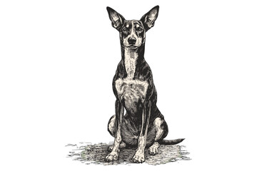 Hand-drawn Ibizan Hound Illustration, Monochrome Engraving, Vintage Pet Drawing, Retro Dog Art, Black and White Canine Etching, Antique Style, Elegant Hound Sketch