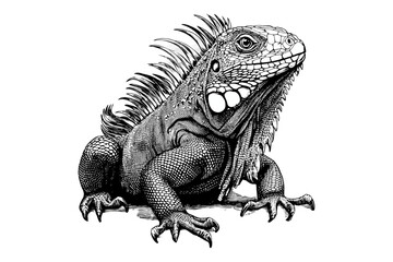 Hand-drawn Reptile Line Art, Vintage Iguana Engraving, Monochrome Fauna Illustration, Black Sketch Wildlife Print, Rustic Nature Drawing, Exotic Reptile Artwork