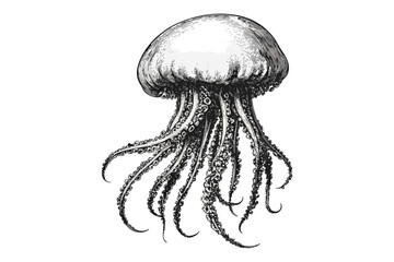 Old Engraving Style Jellyfish, Marine Life Line Art, Monochrome Nautical Wildlife, Ocean Fauna Etching, Vintage Sea Creature Illustration, Detailed Black Sketch