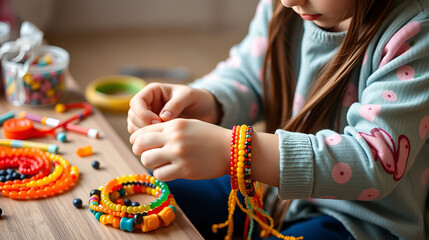 girl making colorful bead bracelets