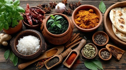 Assortment of spices and ingredients for culinary preparation and cooking