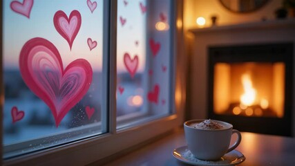 Valentine-themed  Hot cappuccino cup on windowsill with drawn pink hearts and fireplace glow in background, cozy romantic evening scene in 4K motion