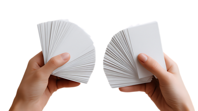 Two hands holding separate stacks of blank white cards against white or transparent background