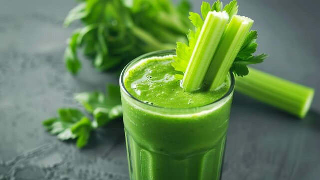 Glass of celery smoothie decorated with celery sticks and parsley leaves on gray background