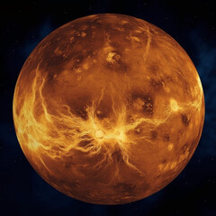 Red planet with molten lava on surface in a dark universe