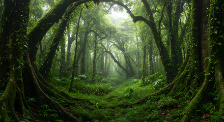 Obraz premium Enigmatic Rainforest Path Lush Greenery, Ancient Trees, Misty Atmosphere