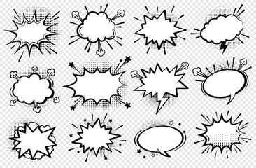 Big comic speech bubble set in bold black and white style. Perfect for retro design, dynamic comics, and pop art projects. Includes various unique speech bubble shapes and expressive speech bubbles. © cheremuha