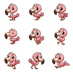 set of funny cartoon birds flamingo