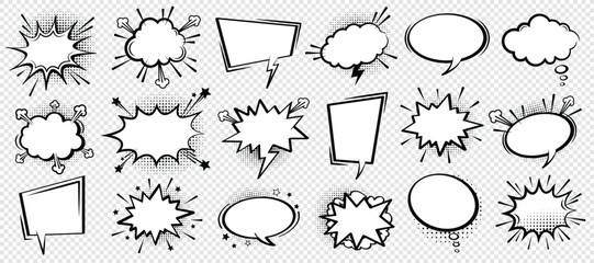 Plakat Big comic speech bubble set in bold black and white style. Perfect for retro design, dynamic comics, and pop art projects. Includes various unique speech bubble shapes and expressive speech bubbles.