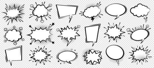 Gardinen Pop Art Big comic speech bubble set in bold black and white style. Perfect for retro design, dynamic comics, and pop art projects. Includes various unique speech bubble shapes and expressive speech bubbles.  © cheremuha