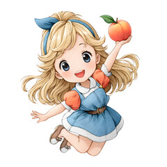 Fototapeta premium Watercolor Clip Art Cheerful animated girl with blonde hair, wearing a blue dress, playfully holding an orange, perfect for playful themes or children's content. Isolated on white background or PNG