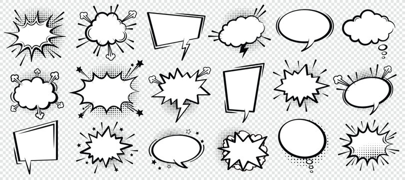 Big comic speech bubble set in bold black and white style. Perfect for retro design, dynamic comics, and pop art projects. Includes various unique speech bubble shapes and expressive speech bubbles.