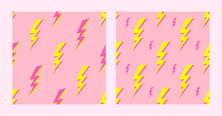 Lightning colorful seamless patterns set on a pink background. Flat style design.Vector illustration for web and print.