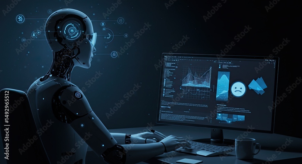 Poster Futuristic robot working on a computer with data analysis and sad face emoji display