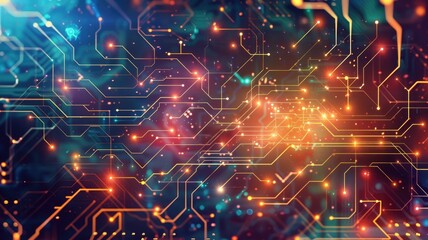 A vibrant and colorful flat electronic circuit board design with intricate patterns and glowing lights, perfect for illustrating modern technology themes.