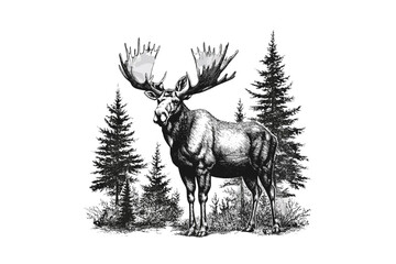 Moose Engraving in Forest, Monochrome Wildlife Sketch, Vintage Animal Art, Black and White Forest Illustration, Trendy Nature Decor, Old Style Etching, Retro Outdoor Art