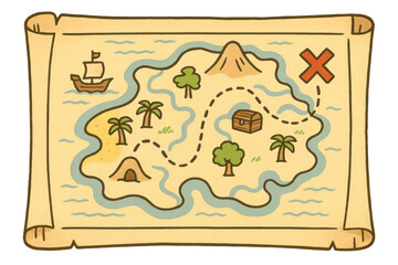 Cartoon treasure map showing a path leading to a treasure chest on a tropical island with transparent background