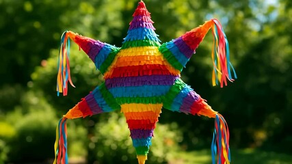 Colorful star shaped pinata rotating, suspended in a green garden - Powered by Adobe