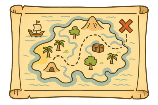 Cartoon treasure map showing a path leading to a treasure chest on a tropical island with transparent background