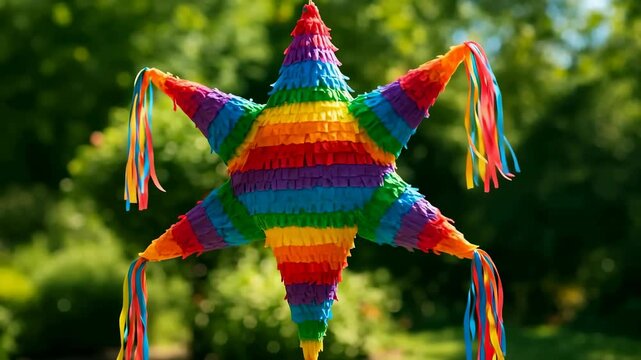 Colorful star shaped pinata rotating, suspended in a green garden