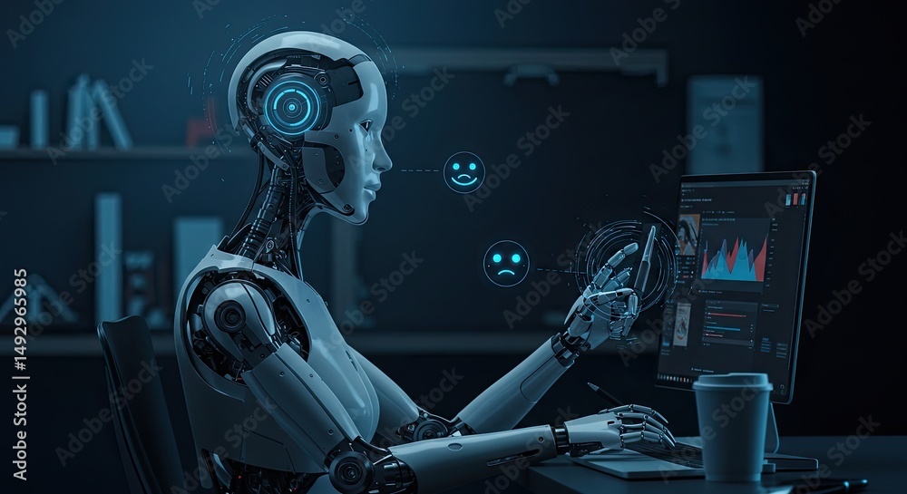 Poster Futuristic robot working on a computer with mood indicators in a modern office setting