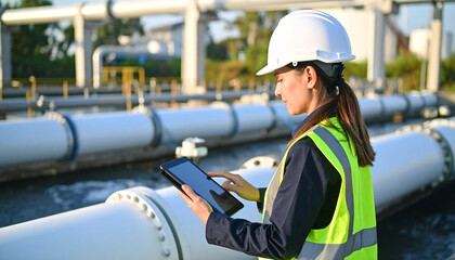 Industrial Integrity: A female engineer inspects the vital infrastructure of a water treatment plant, utilizing a tablet to ensure efficiency, and quality. A scene of responsibility.