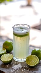 Fototapeta premium Refreshing salt rimmed margarita cocktail with fresh limes on a textured wooden surface