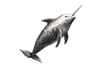 Narwhal with Long Tusk Engraving, Vintage Arctic Animal, Hand-drawn Wildlife Etching, Black Sketch, Retro Nautical Style, Marine Design, Ocean Creature, Vintage Animal Art © Vintage Studio