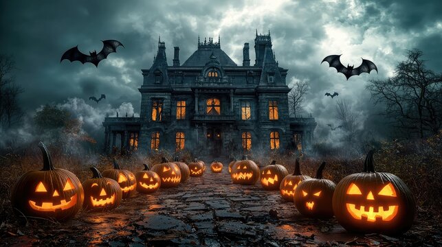 spooky background with a haunted mansion, jack-o'-lanterns glowing along the pathway, and bats fluttering in front of a cloudy sky.