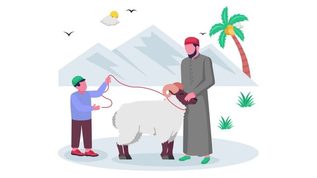 Eid Morning Ritual Young Heart Learns to Give animation, Dad and son with Ram or Sheep animated video, Eid al-Adha Clip, Eid-al-Kabir Hajj footage, Traditional Arab Muslim Festival motion graphics