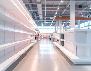 Obraz premium Spacious aisle in modern retail store featuring empty shelves and contemporary design elements