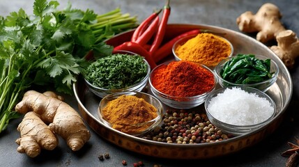 Colorful spices and herbs displayed