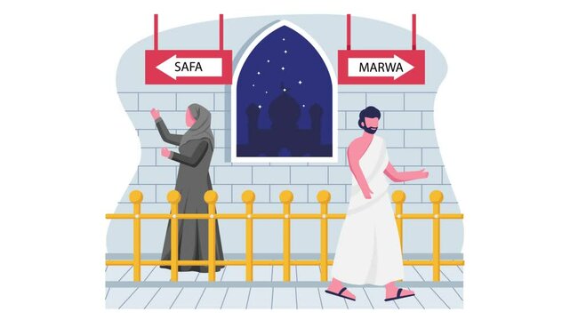Islamic pilgrimage of Umrah performing ritual of Sai animation Couple Walking Between Safa and Marwa animated video, Eid al-Adha Clip Eid-al-Kabir Hajj footage, Traditional Arab Muslim Festival motion