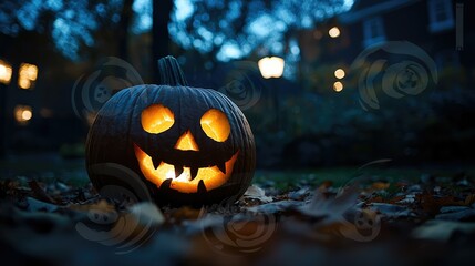 Naklejka premium spooky carved pumpkin glowing in the twilight, surrounded by autumn leaves that crunch underfoot as shadows grow long.